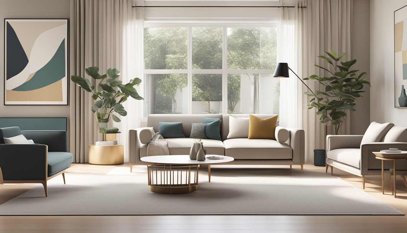 A modern living room with minimalist furniture, neutral color palette, and natural lighting. Clean lines and geometric shapes create a sense of simplicity and sophistication