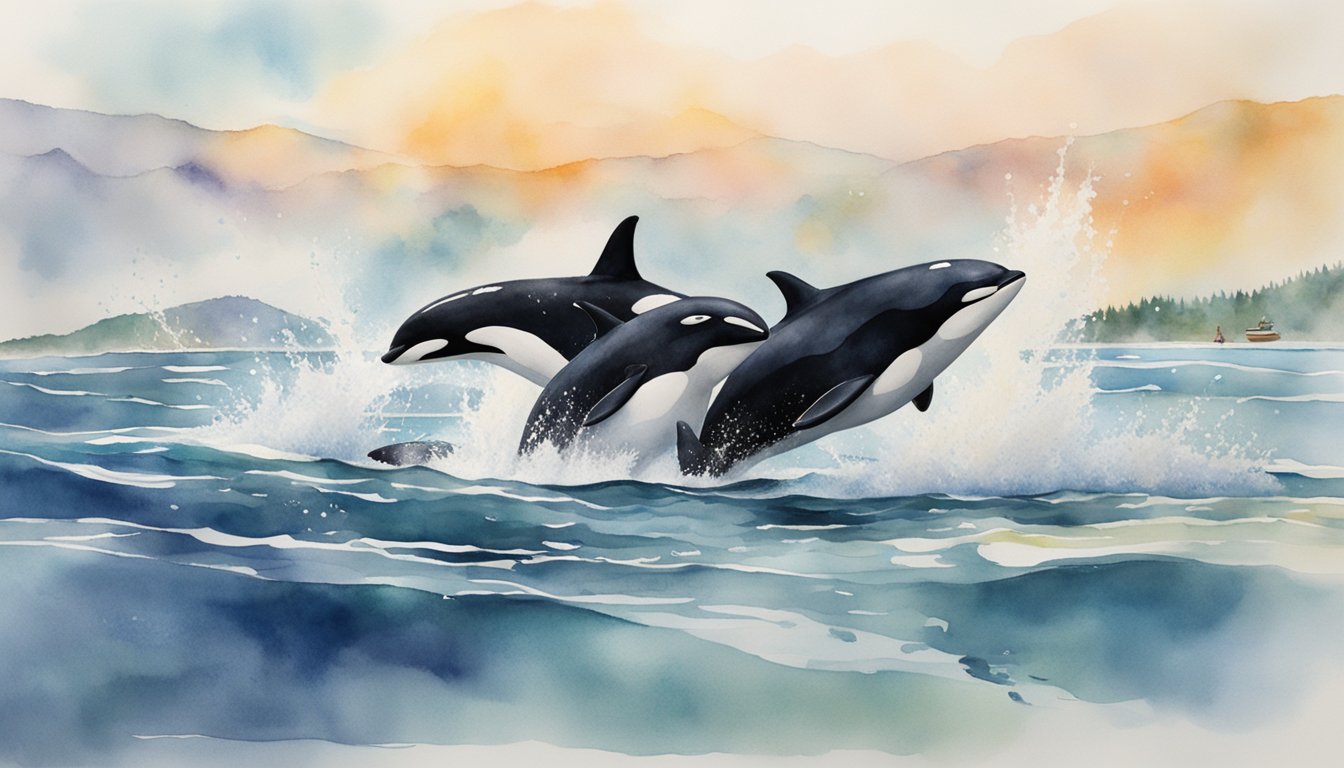 Orcas swim alongside a boat, leaping out of the water and splashing playfully, while humans watch in awe from a safe distance