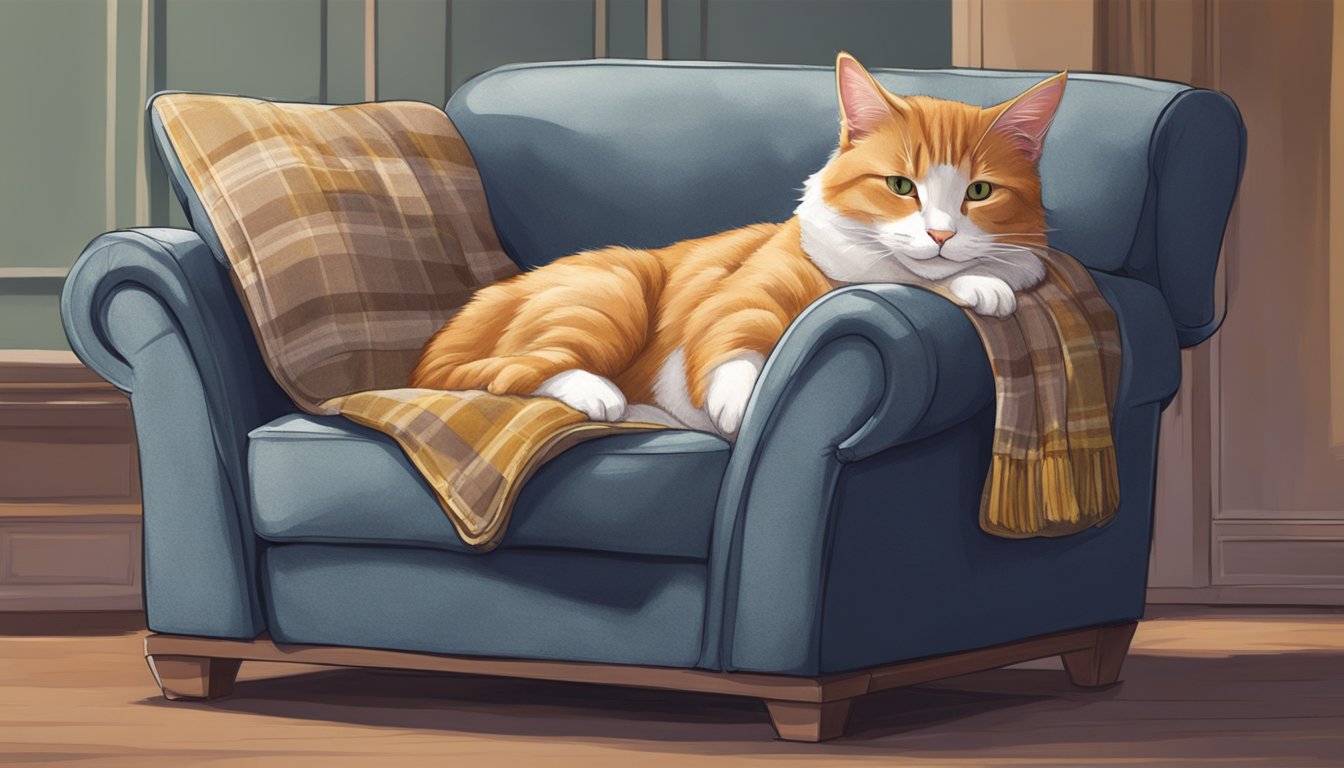 A cat lounges on a recliner, with a cozy blanket draped over the armrest for added comfort and security