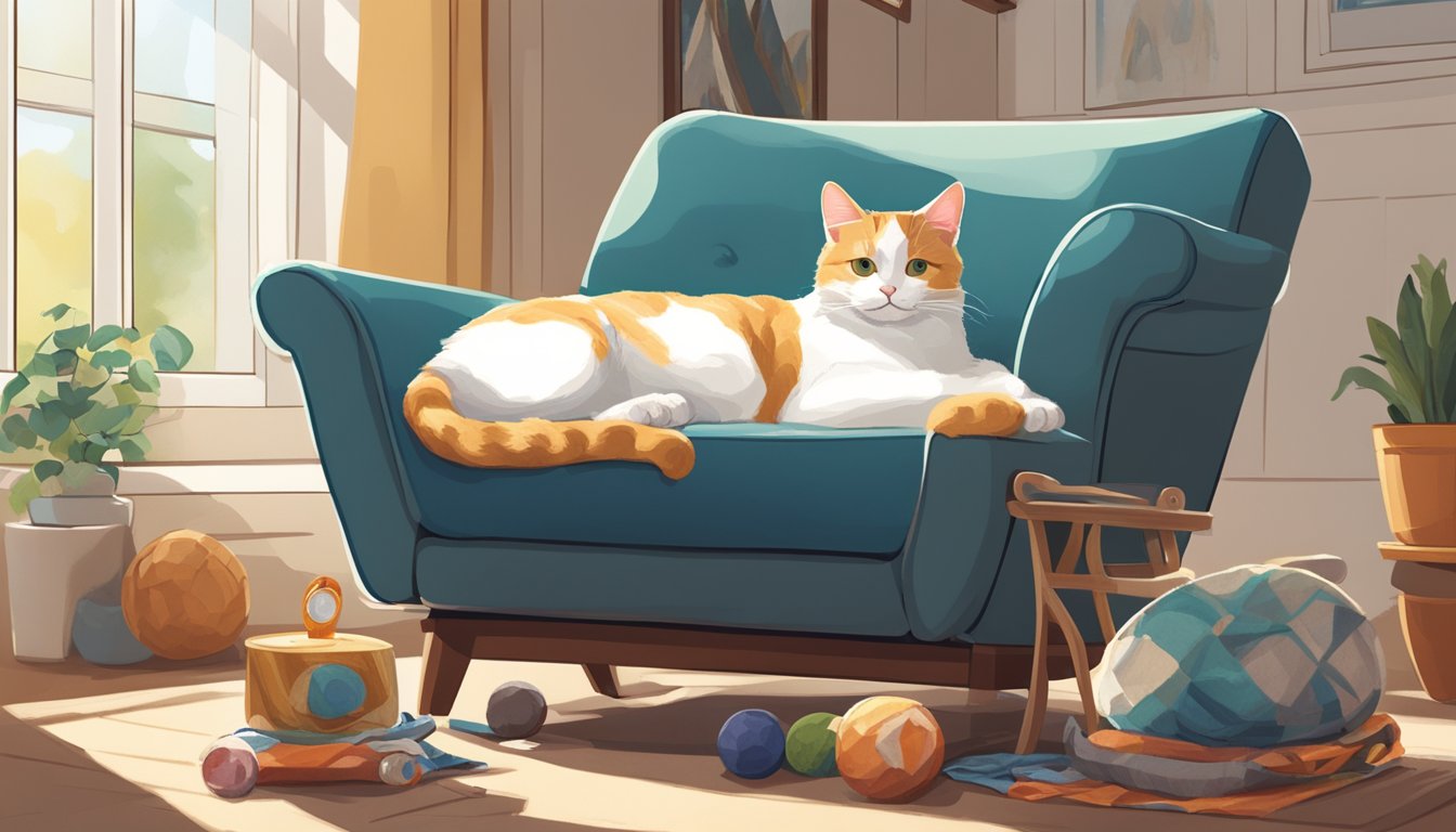 A cat lounges on a recliner, surrounded by a scratching post, toys, and a cozy blanket. The recliner is positioned near a sunny window, with a bowl of fresh water nearby