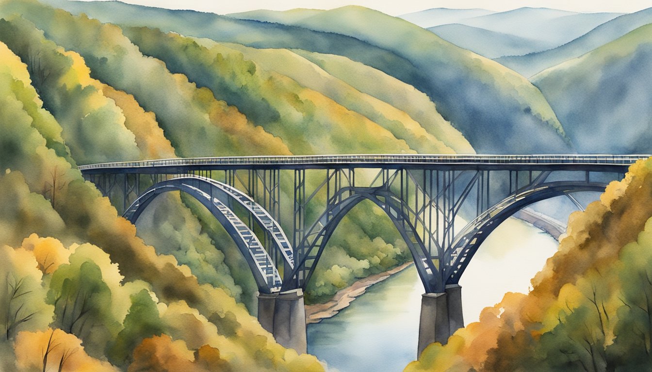 Rolling hills, coal mines, and the iconic New River Gorge Bridge symbolize West Virginia's rich history and culture