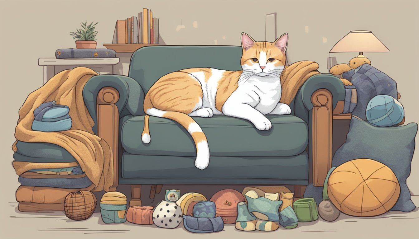 A cat lounges comfortably on a recliner, surrounded by various toys and a cozy blanket. The recliner is labeled with a "cat safe" sticker, indicating it is pet-friendly