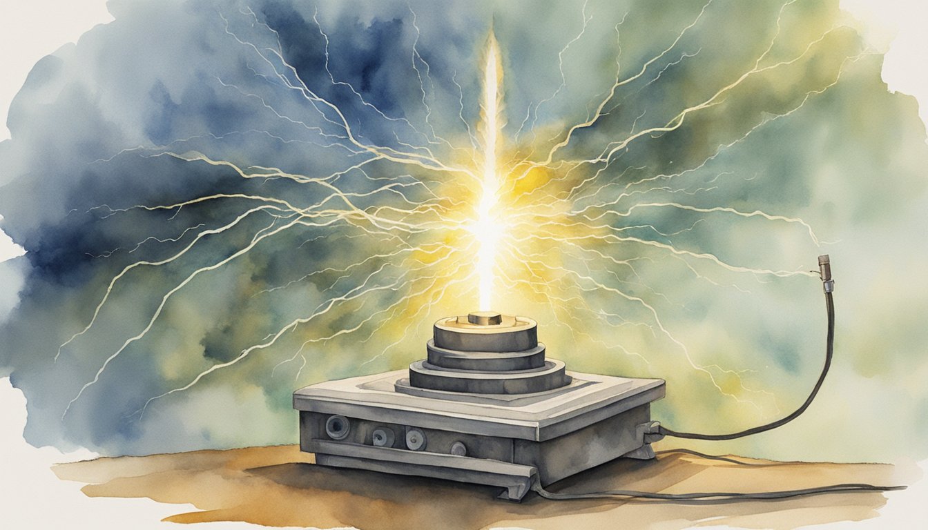 A lightning bolt strikes a primitive device, sparking the birth of electricity.</p><p>It evolves into wires, circuits, and modern technology