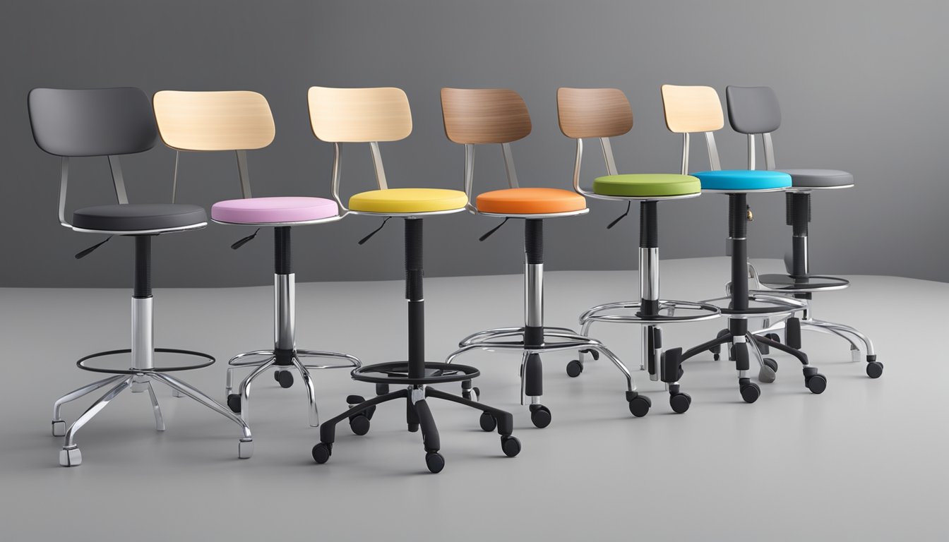 Various office stools arranged in a showroom, with different designs, colors, and materials. Some are adjustable, others have wheels. Price tags are displayed on each stool
