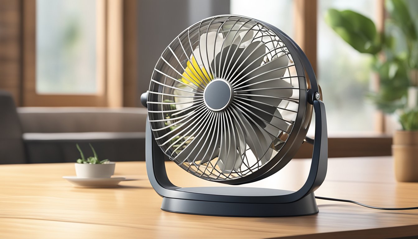 A table fan below 500 is placed on a wooden desk, its blades spinning to provide a cool breeze