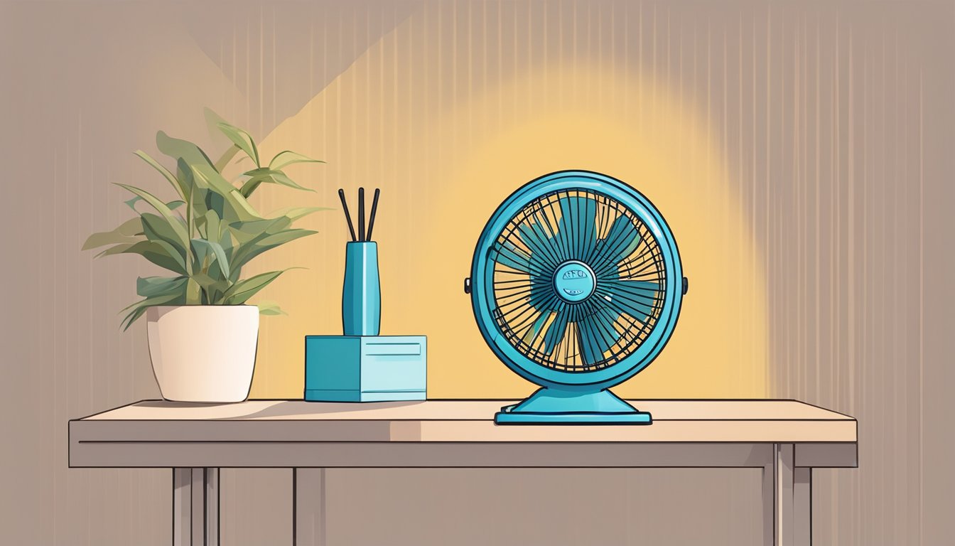 A hand selects a table fan priced below 500 from a display