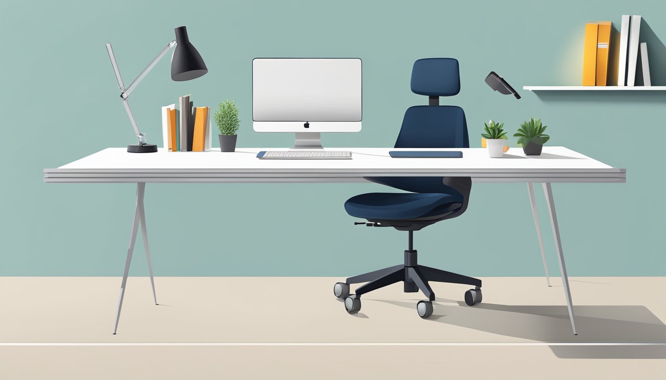 A sleek, modern office stool sits in front of a clean, minimalist desk. The stool is adjustable in height and features a comfortable, ergonomic design