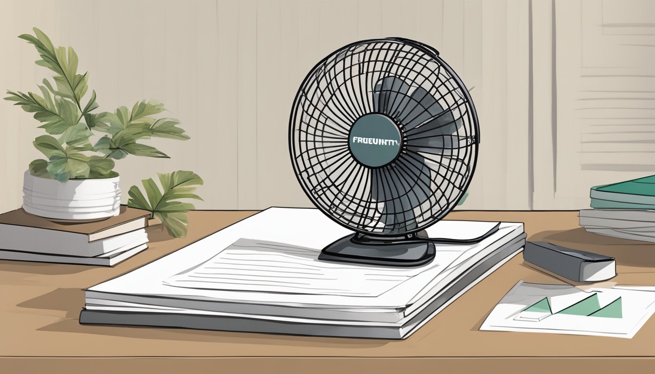 A small table fan sits on a surface, with a stack of papers nearby. The fan is under 500 and has a "Frequently Asked Questions" label