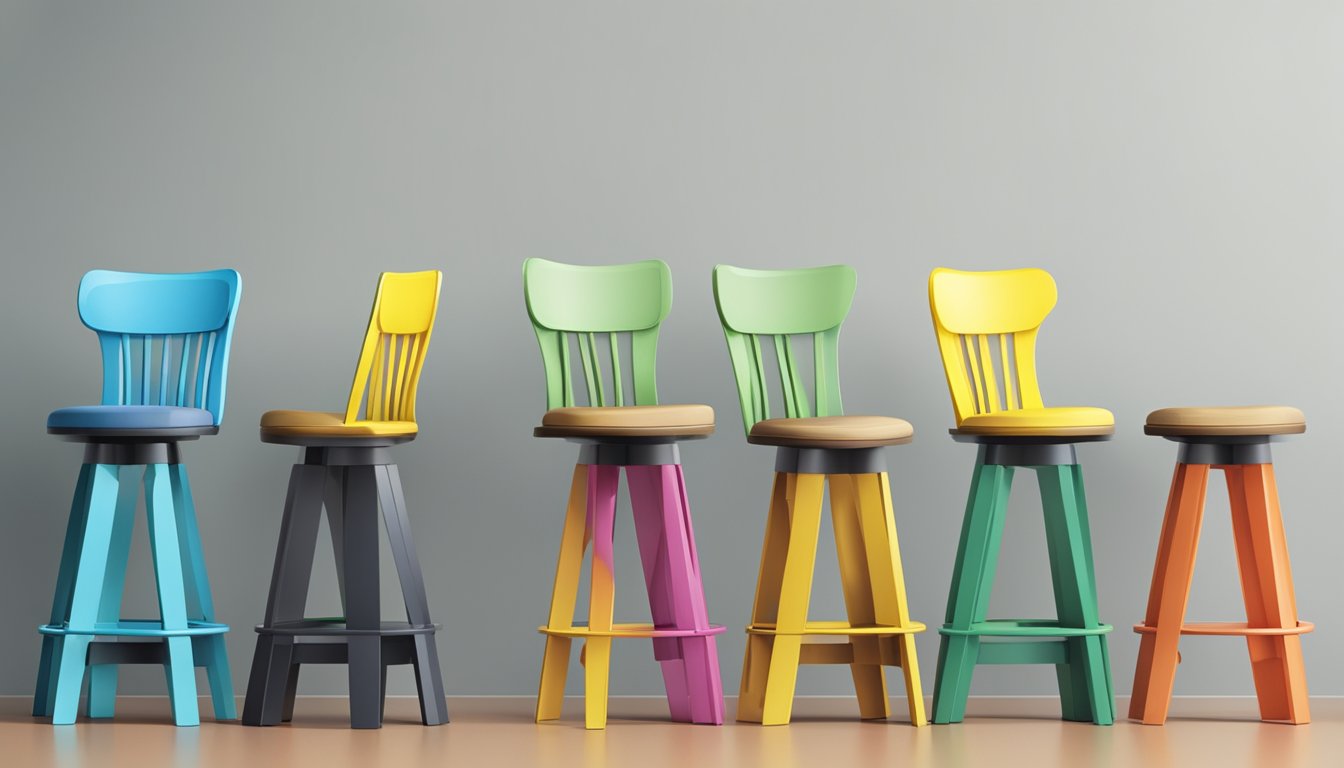 Office stools arranged in a neat row, varying in height and design. A sign with "Frequently Asked Questions" hangs above, drawing attention to the sale