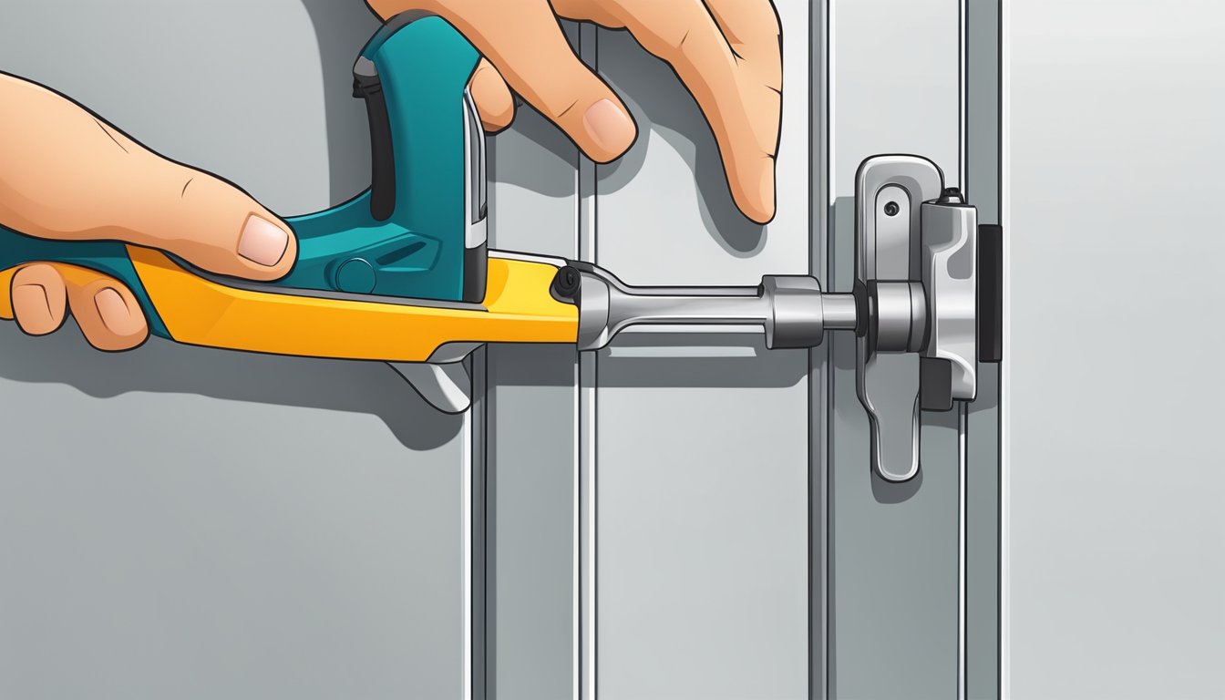 A hand holding a trimmer tool, cutting and shaping a door's edge
