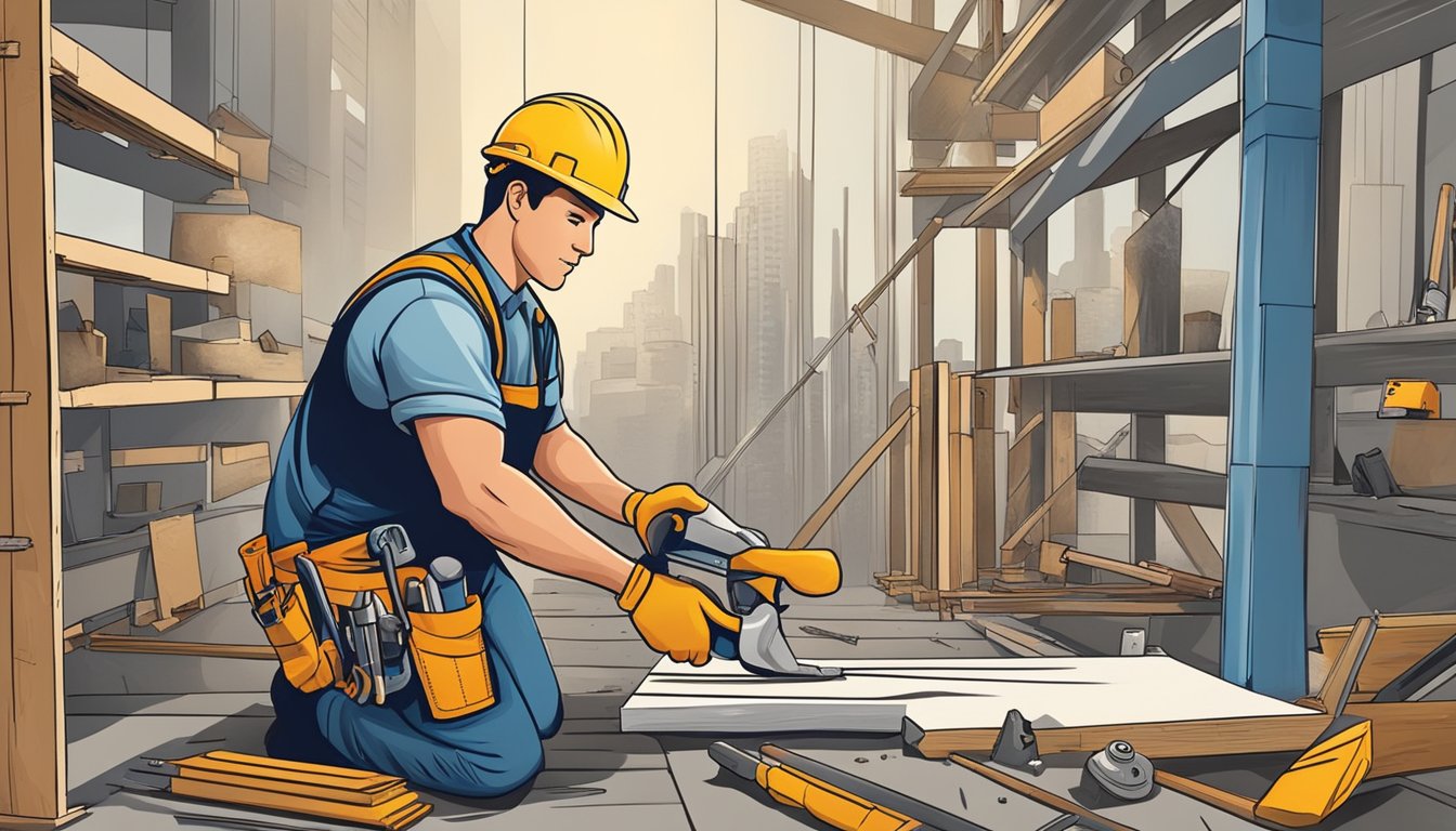 A construction worker renovates a building, surrounded by tools and materials. The contractor's logo is prominently displayed