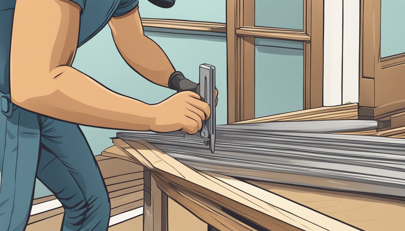A person uses a tool to trim the edges of a door, surrounded by a stack of frequently asked questions about the process