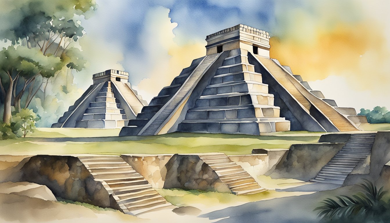 Sunlight bathes the towering pyramids of the Maya city-states, casting dramatic shadows across the ancient stone structures