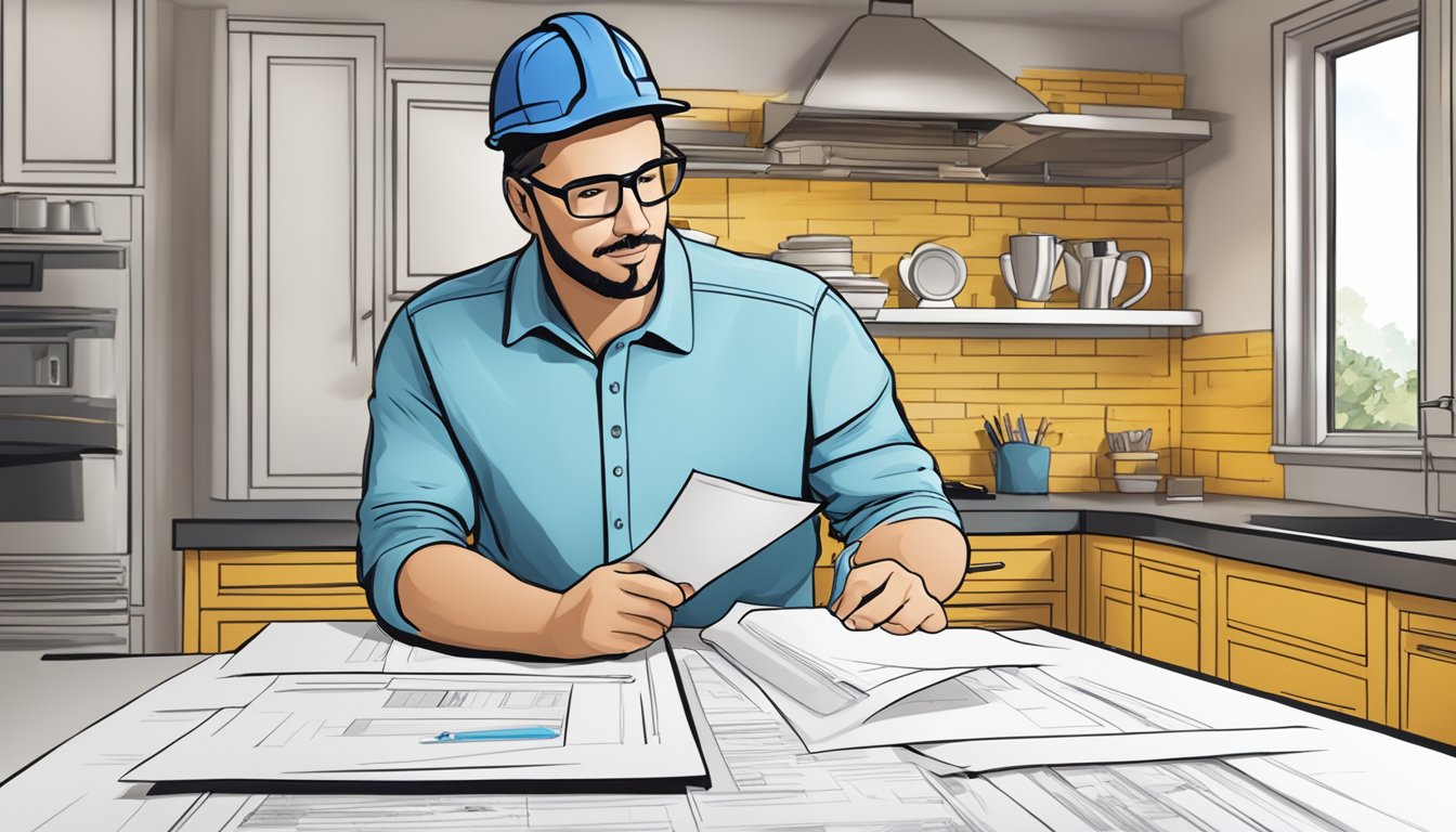 A contractor reviewing a FAQ document with a Thomson Renovation logo in the background