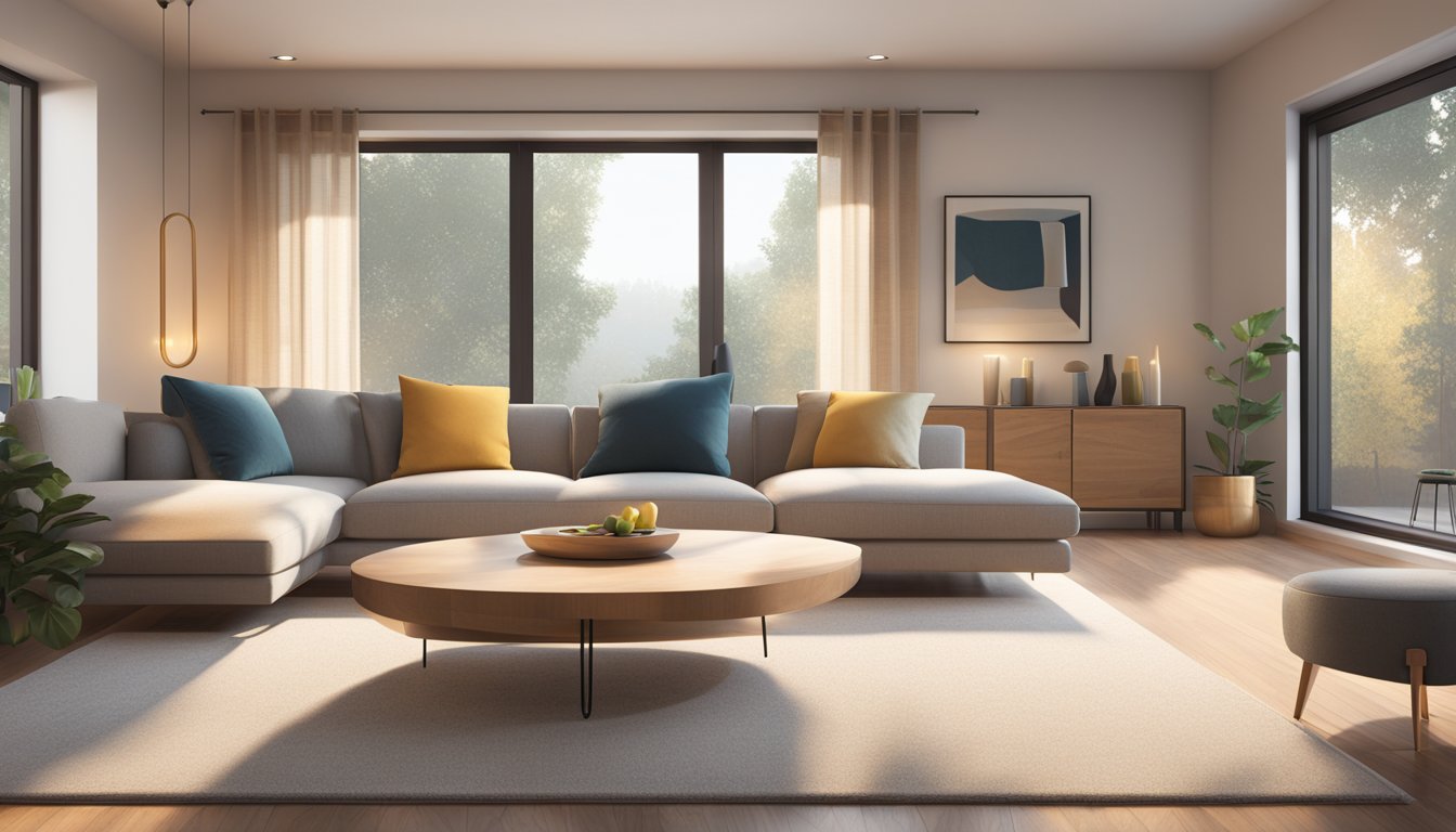 A modern living room with sleek furniture, warm lighting, and minimalist decor. Large windows let in natural light, and a cozy rug ties the space together