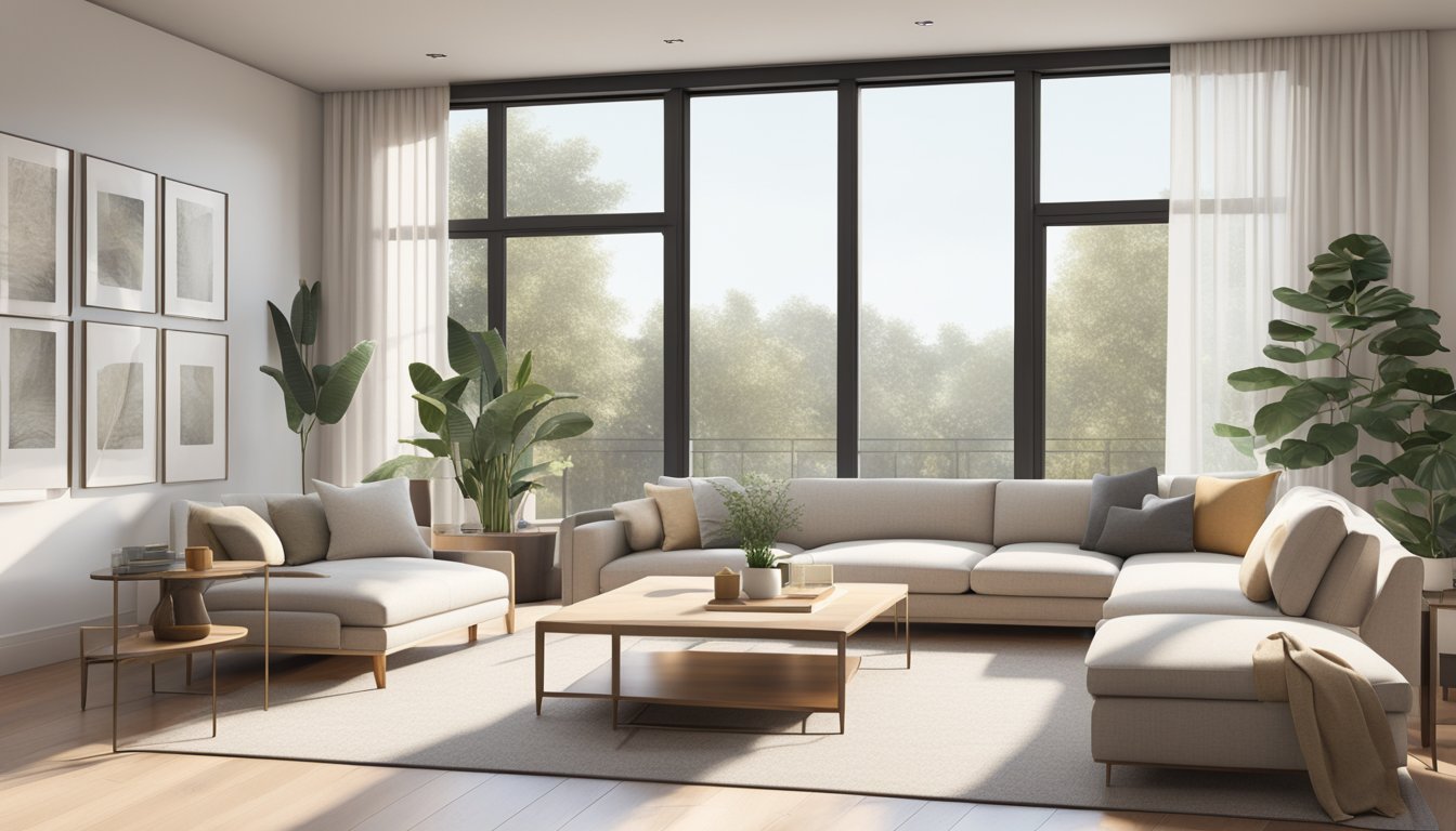 A modern living room with clean lines, neutral colors, and natural light streaming in through large windows. A minimalist yet inviting space with carefully curated furniture and decor