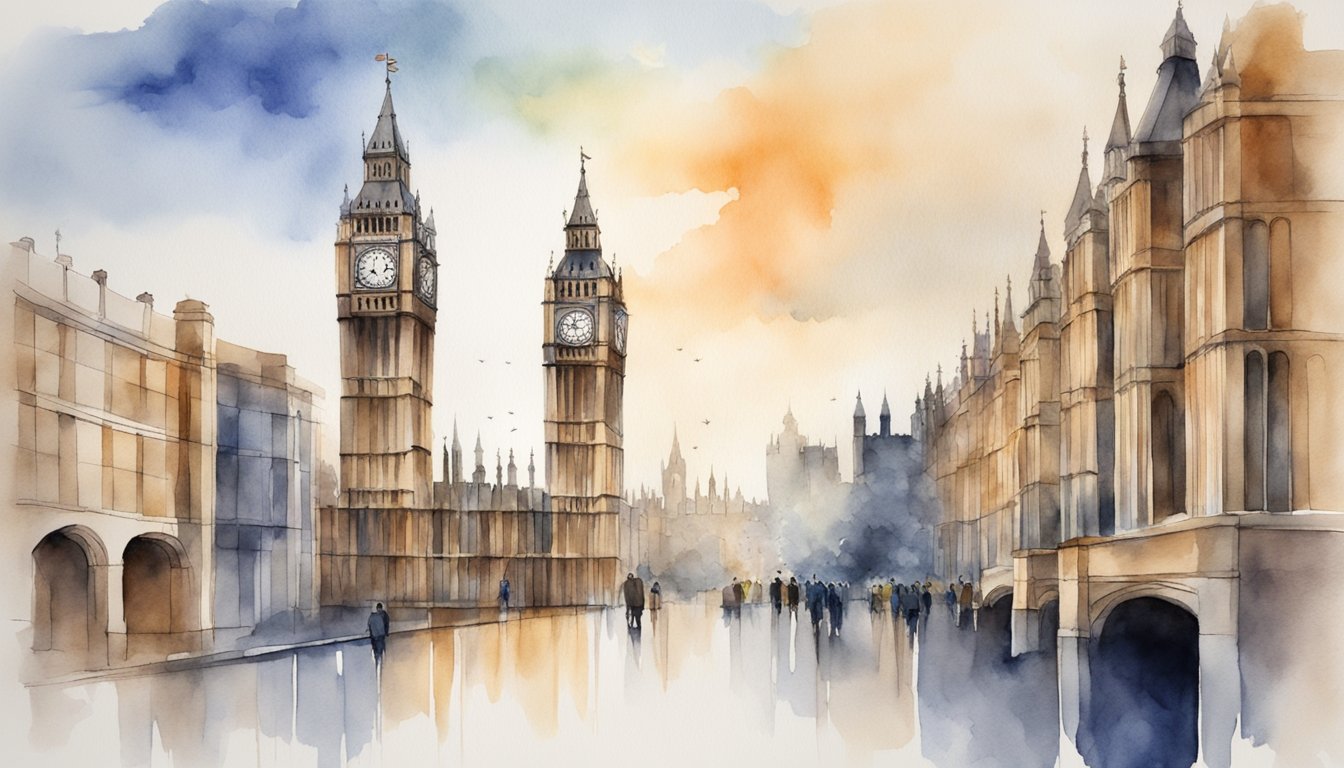 The Union Jack flag flying high above the historic buildings of Westminster, symbolizing the governance and history of Great Britain