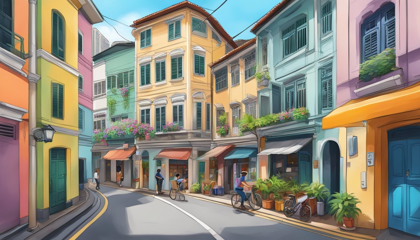 A cozy corner in a bustling Singapore street, with colorful shophouses and narrow alleyways, bustling with activity and filled with vibrant street art