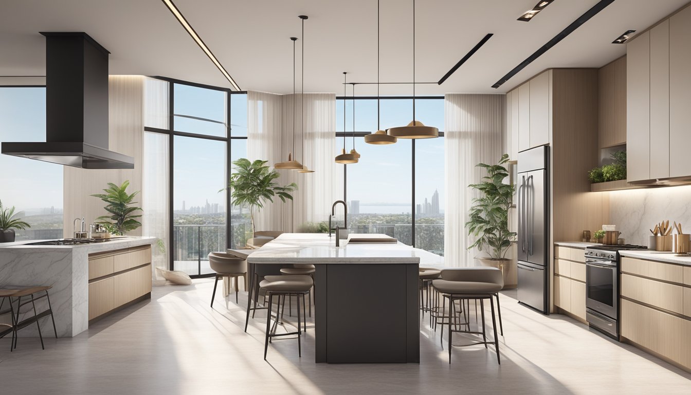 A sleek, open-concept living space with minimalist decor, large windows, and a neutral color palette. A kitchen island with marble countertops and modern appliances. Glass doors leading to a balcony with city views