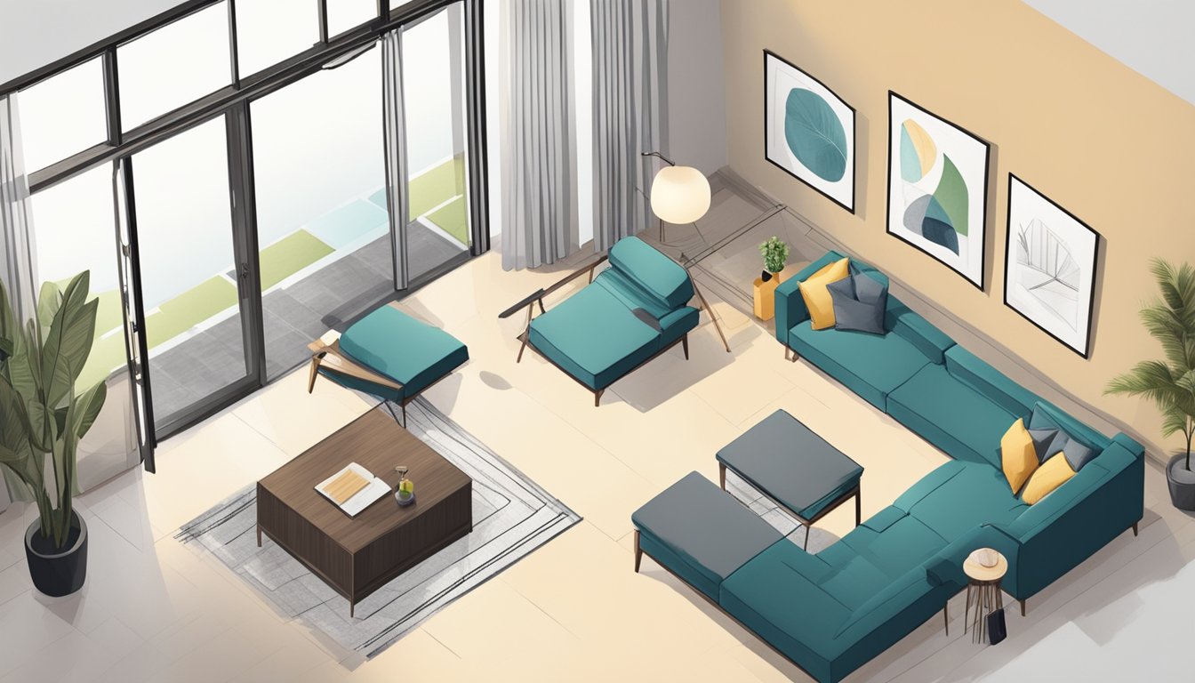 A designer sketches a floor plan, selects color swatches, and arranges furniture for a modern living room