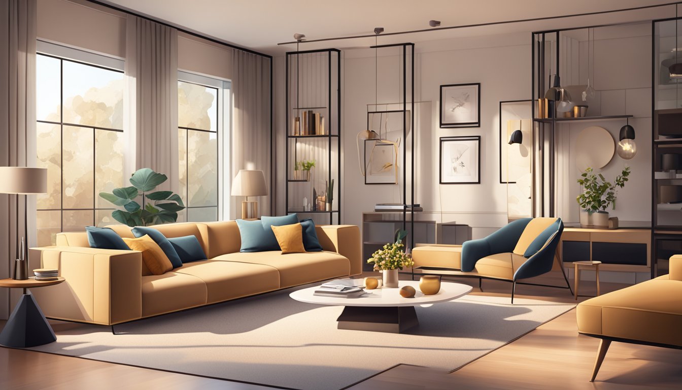 A cozy living room with modern furniture and warm lighting, showcasing a sleek and functional interior design layout