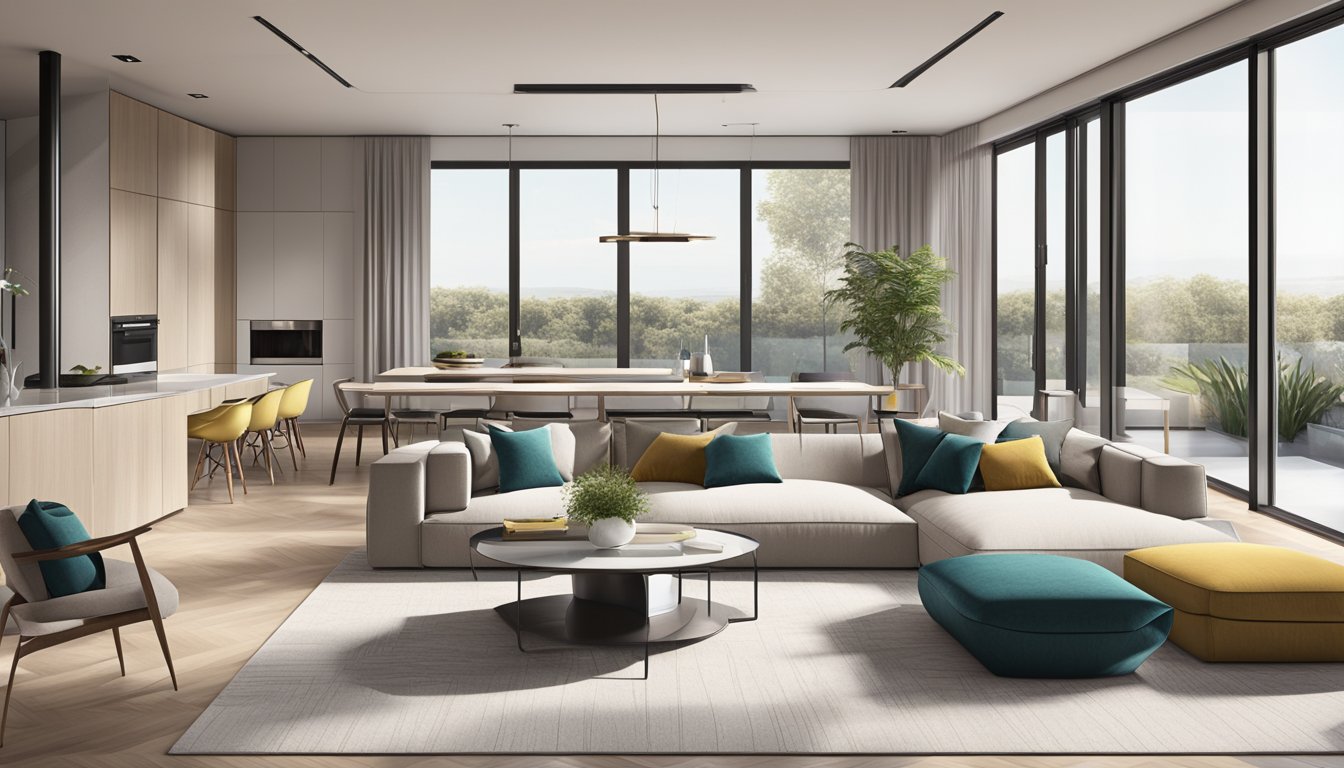 A sleek, open-concept living space with minimalist furniture and floor-to-ceiling windows. A neutral color palette with pops of vibrant accents and high-end finishes