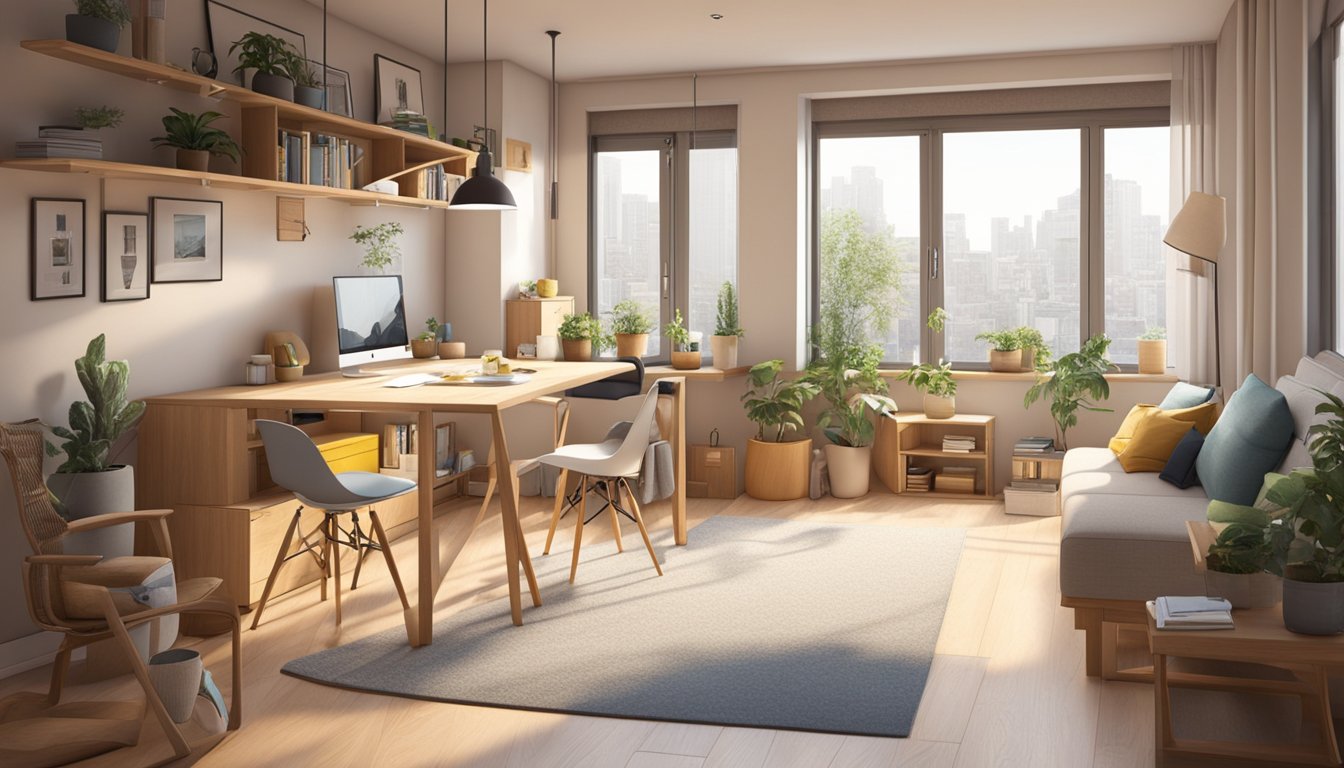 A cozy studio apartment with cleverly designed multi-functional furniture, foldable tables, and storage solutions. Bright natural light floods the space from large windows, showcasing the efficient use of every inch