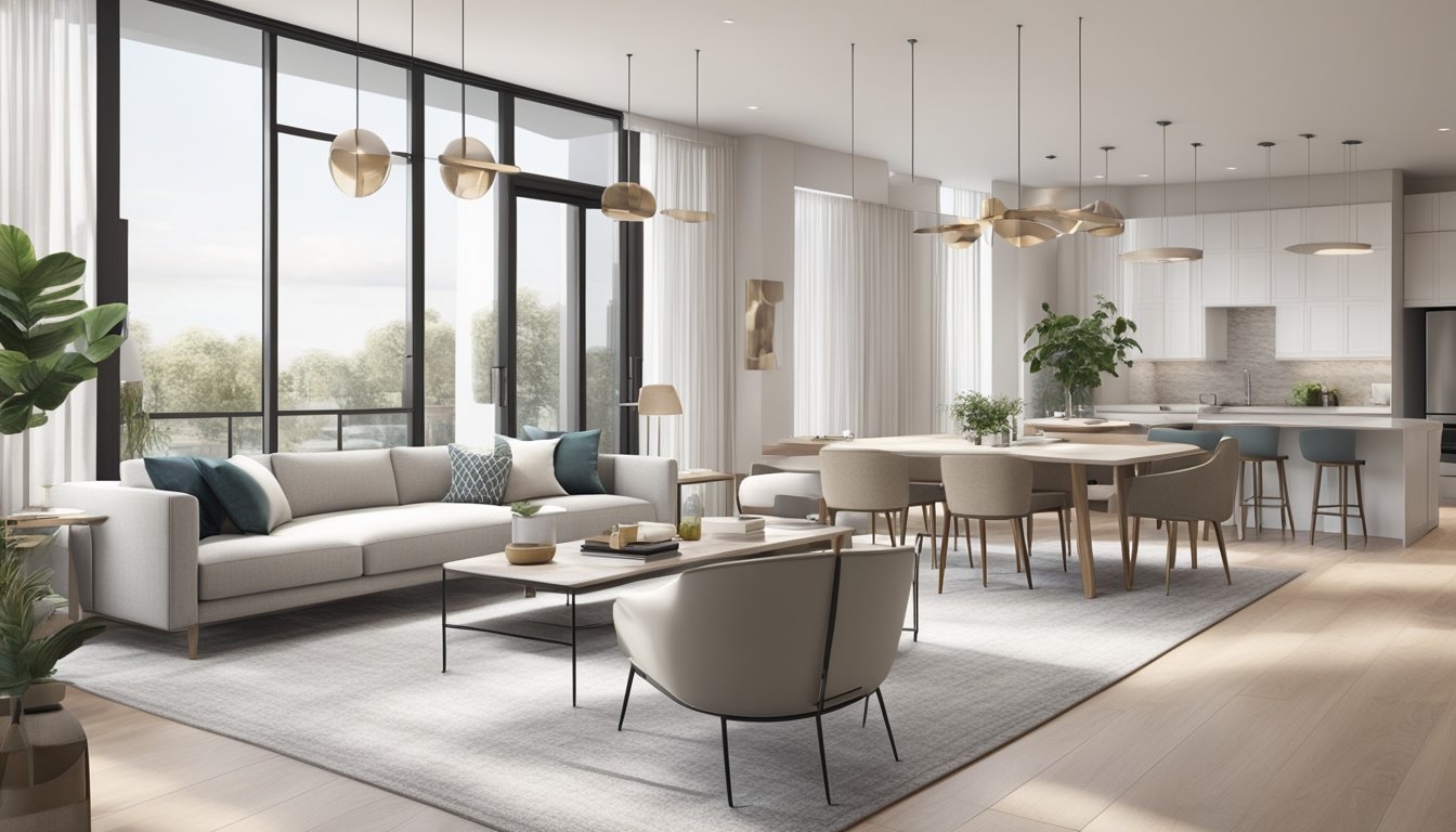 A bright, open-concept modern condo with sleek, minimalist design. Neutral color palette, clean lines, and plenty of natural light. High-end finishes and fixtures throughout