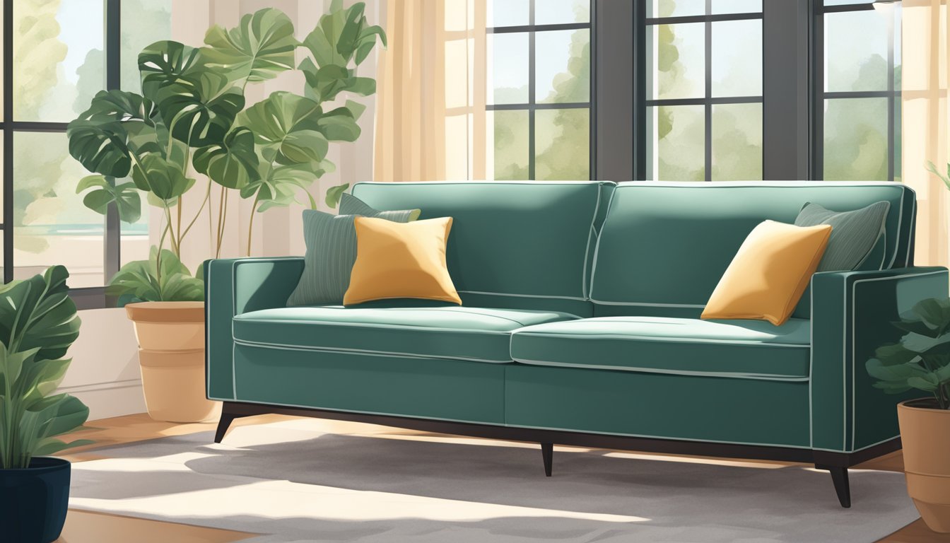 A modern settee with clean lines and plush cushions sits in a sunlit room with a large window and potted plants