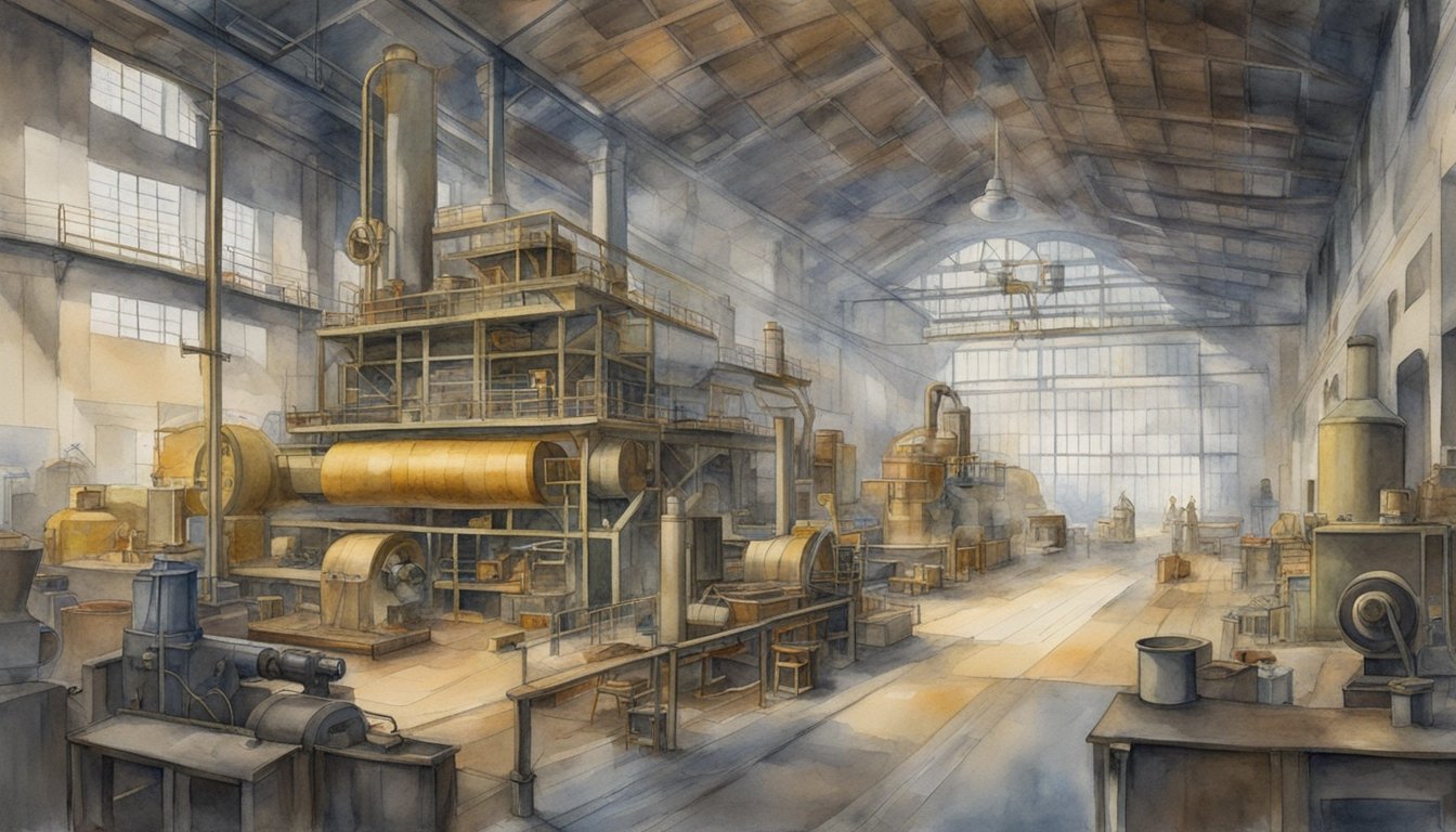 A factory floor with large machinery mixing natural and synthetic ingredients to create gum, surrounded by historical images and artifacts