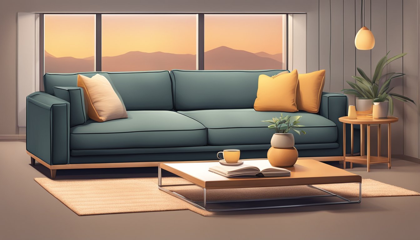 A cozy settee with adjustable cushions and built-in storage, surrounded by soft lighting and a warm color palette