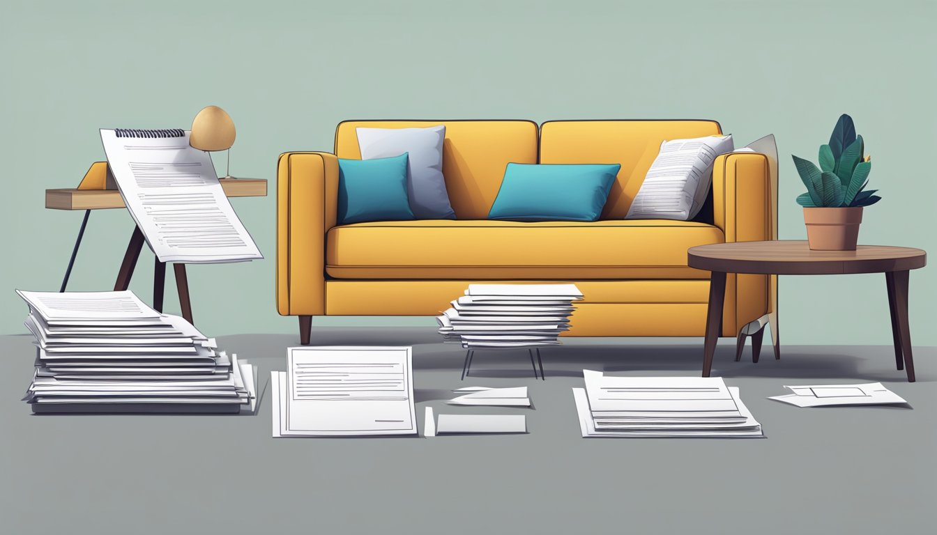 A settee surrounded by various design options, with a stack of FAQ sheets nearby