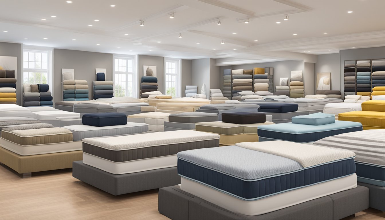 Various bed toppers on sale displayed in a bright, spacious showroom. Different sizes, colors, and materials are neatly arranged on beds for customers to compare