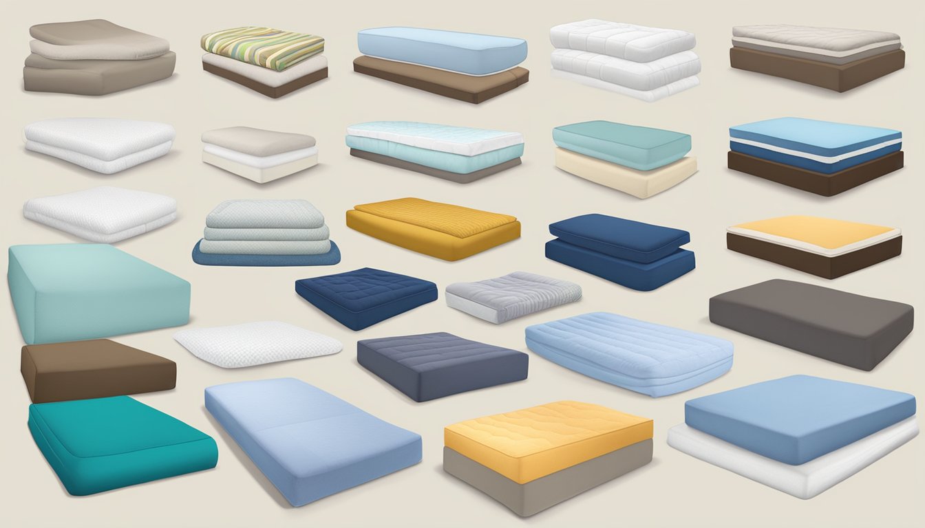 A variety of bed toppers are displayed on sale, including memory foam, down alternative, and cooling gel options