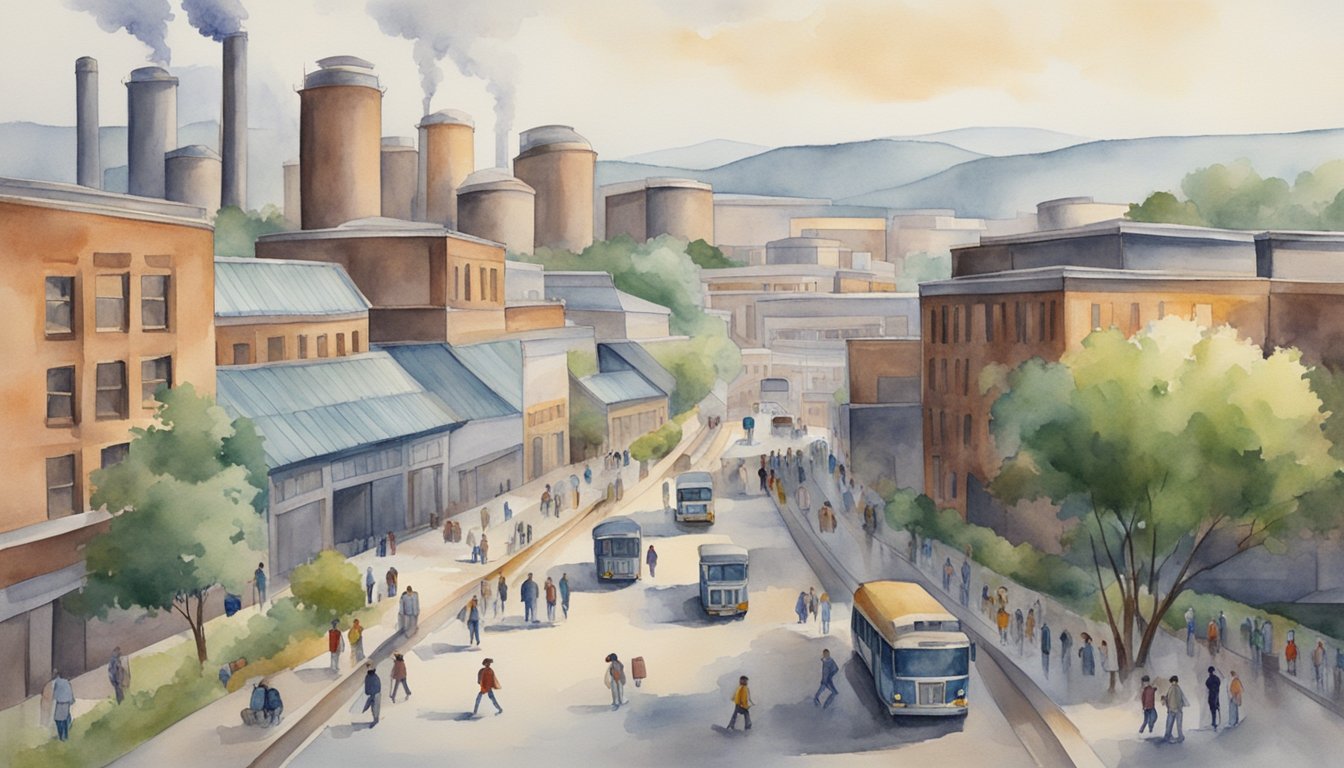 A bustling industrial city with factories and warehouses, surrounded by rolling hills and bustling with activity.</p><p>A university campus with students walking to class, and a bustling city center with busy streets and skyscrapers