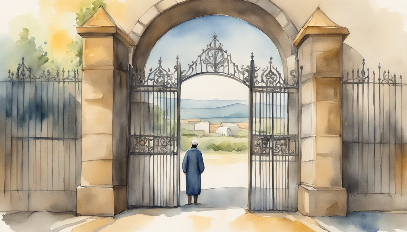 A solemn figure stands before a closed gate, with a sign listing customs and prohibitions of Yom Kippur.</p><p>The setting is peaceful and reflective, with a sense of reverence and solemnity