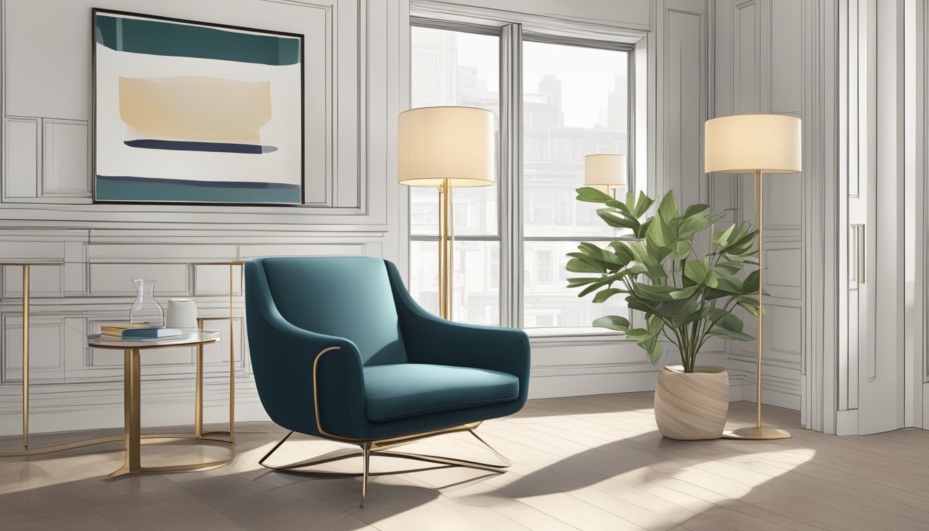 A sleek, modern designer chair sits in a well-lit room, surrounded by minimalist decor. The chair exudes elegance and sophistication, with clean lines and a comfortable yet stylish design