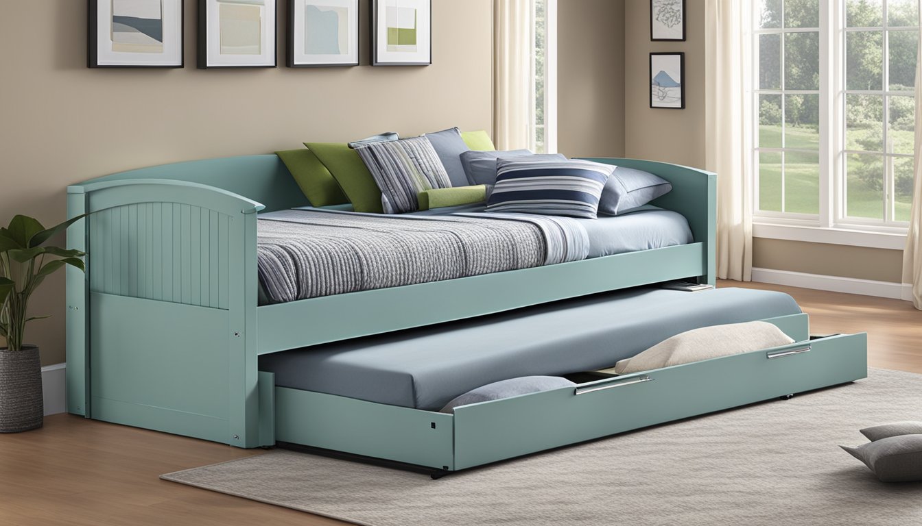 A trundle bed slides out from under a larger bed, revealing its hidden functionality. The sleek design and smooth mechanism make it a space-saving solution for any room