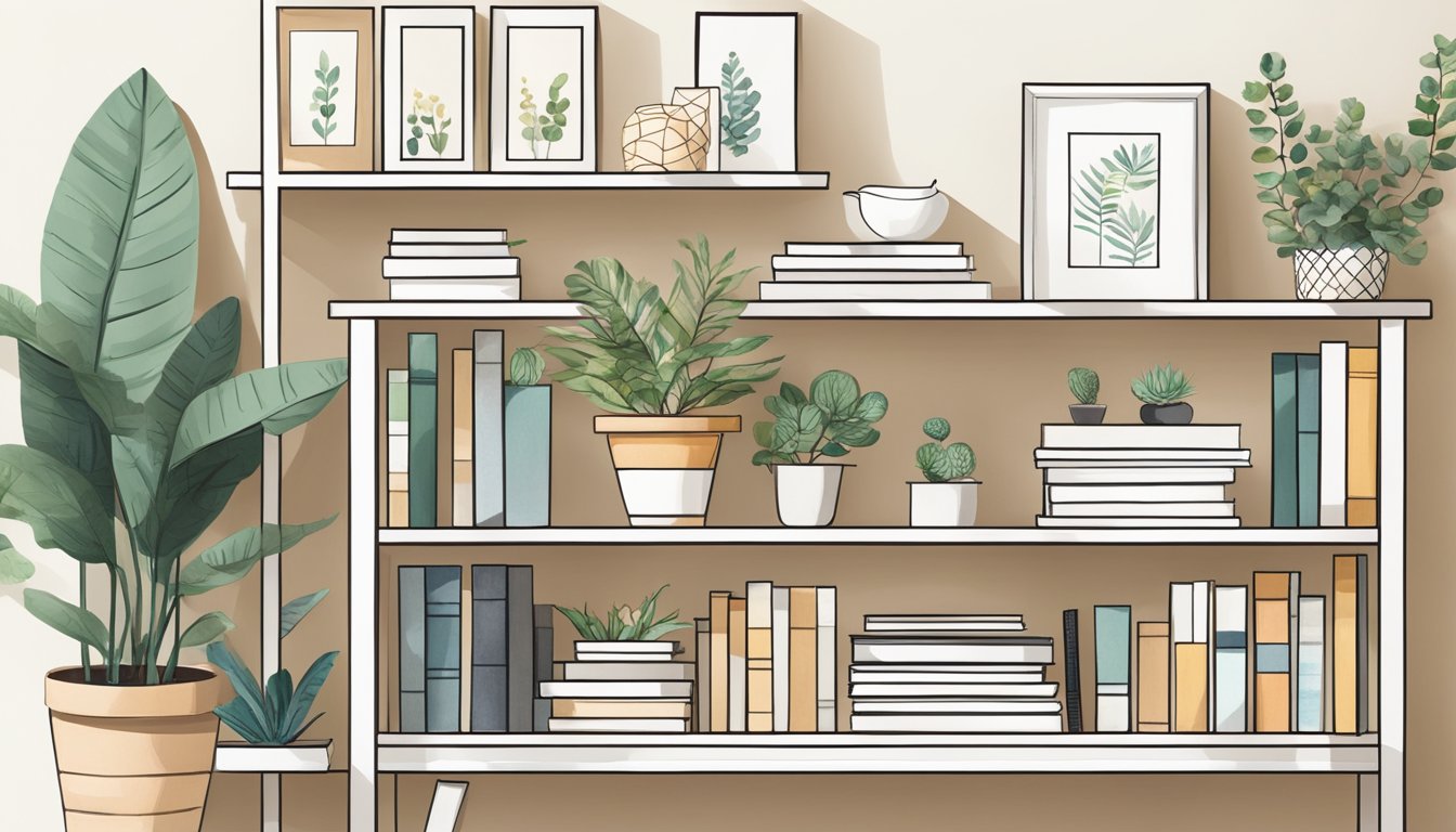 A low bookshelf stands against a white wall, adorned with potted plants and decorative objects. Soft lighting illuminates the shelves, showcasing a curated collection of books and stylish home accents