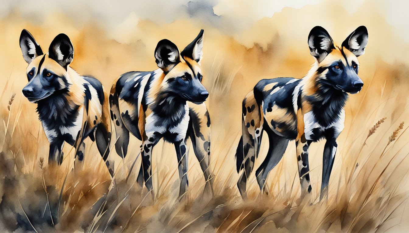 African wild dogs roam the savannah, hunting in packs.</p><p>They have large, rounded ears and a mottled coat of brown, black, and white.</p><p>They are social animals, often seen playing and interacting with each other