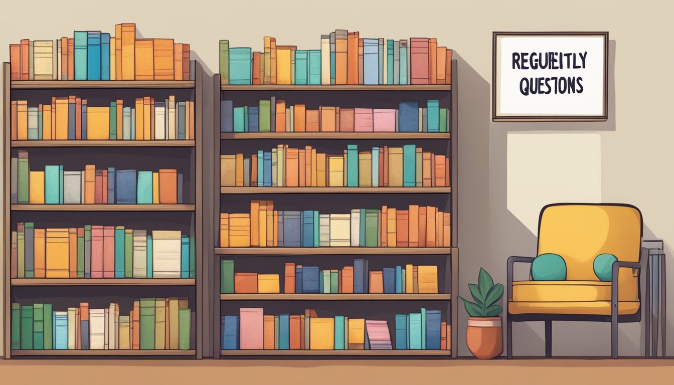 A low bookshelf with neatly arranged books and a sign reading "Frequently Asked Questions" in Singapore