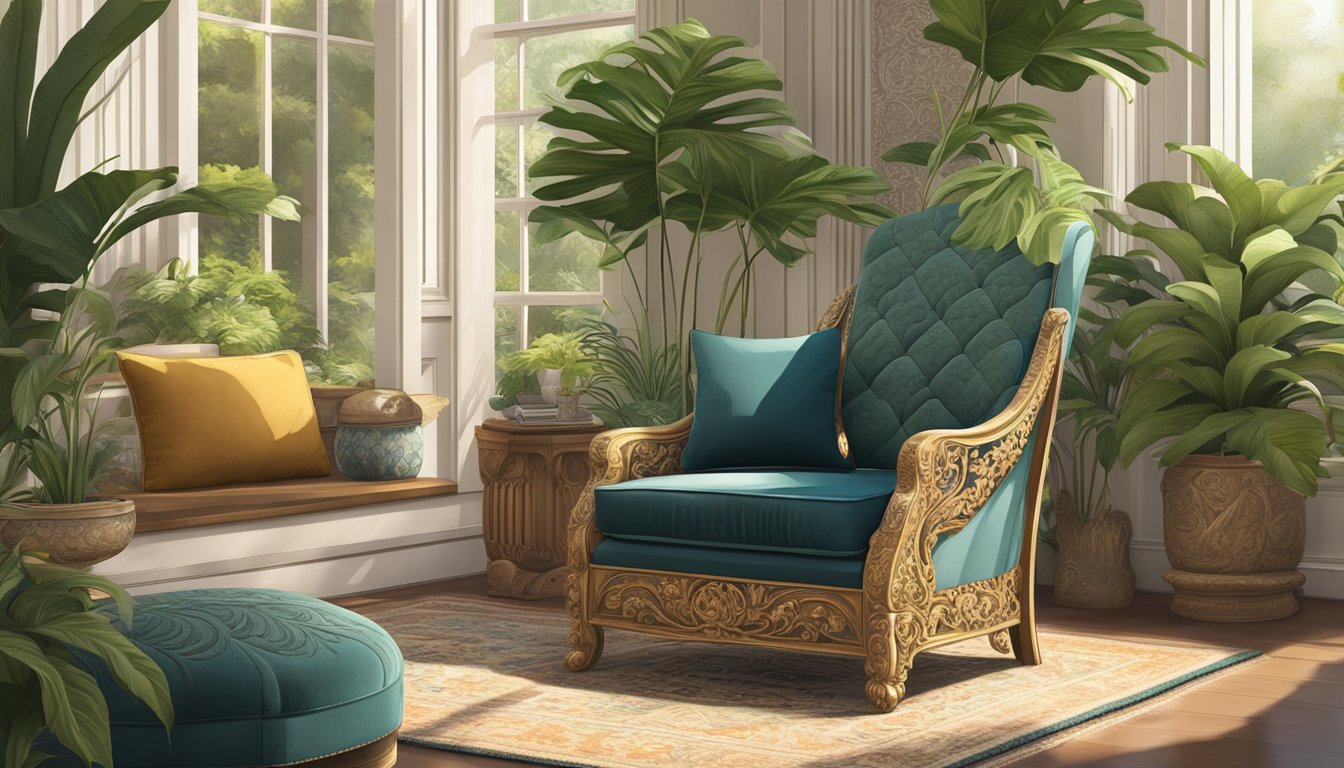 An ornate ottoman chair sits in a sunlit room, surrounded by lush green plants and a cozy rug. The chair is adorned with intricate carvings and plush cushions, creating a luxurious and inviting atmosphere