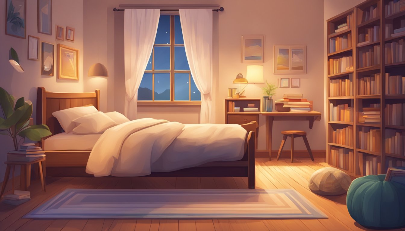 A cozy bedroom with a trundle bed made of warm wood and soft bedding, surrounded by books and a warm lamp for comfort