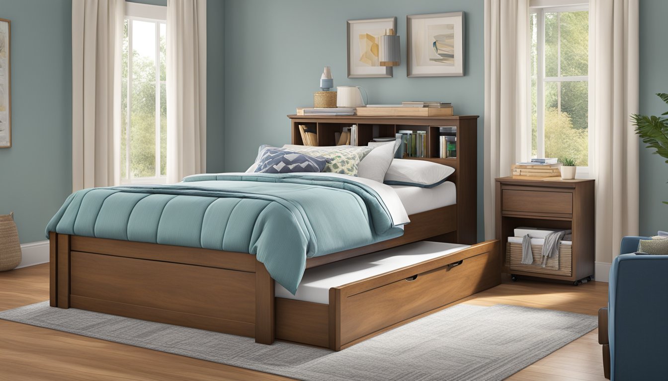 A trundle bed slides out from under a larger bed, revealing its hidden storage space