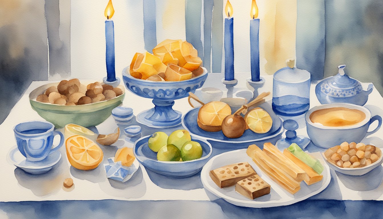 A table set with menorah, dreidels, and traditional foods for Hanukkah celebration