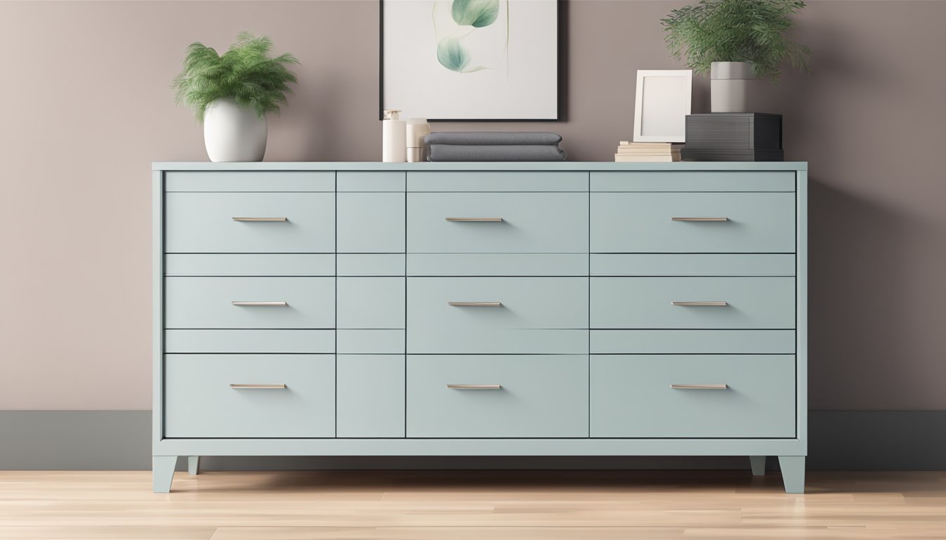 A bedroom chest of drawers stands against the wall, maximizing storage space with its multiple drawers and sleek design