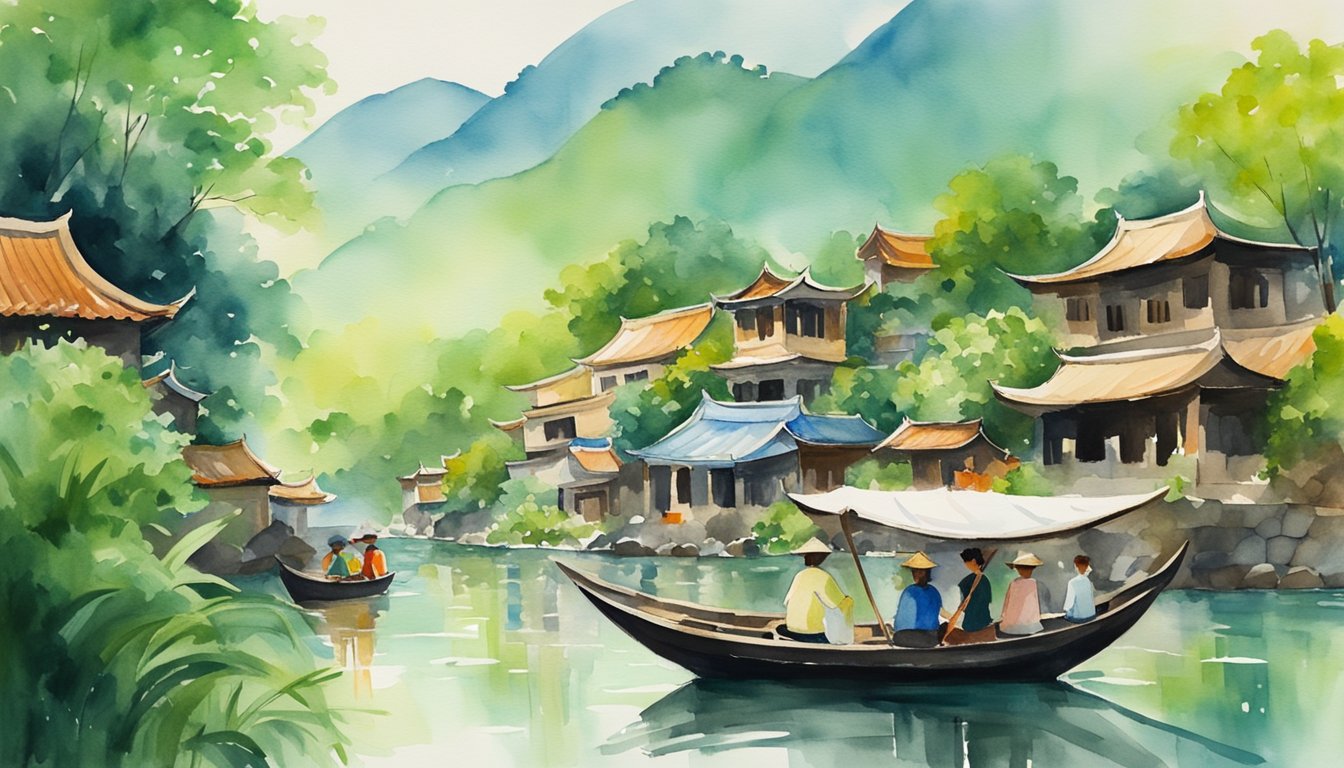 Lush green mountains overlook a serene river, as a traditional Vietnamese boat glides through the water.</p><p>A vibrant market bustles with activity, surrounded by ancient temples and bustling city streets