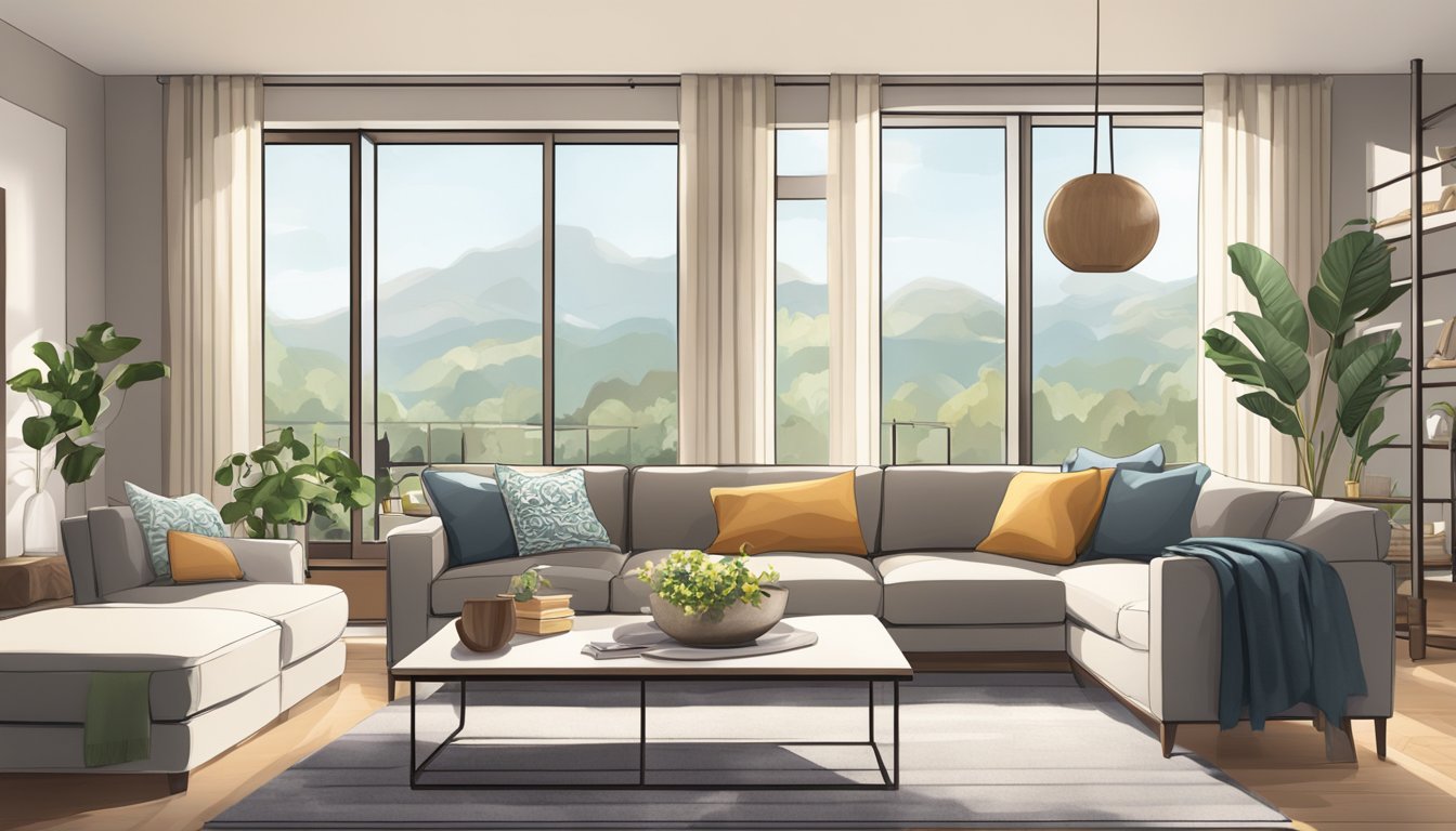 A modern living room with sleek furniture, cozy textiles, and tasteful decor. A large window lets in natural light, creating a warm and inviting atmosphere