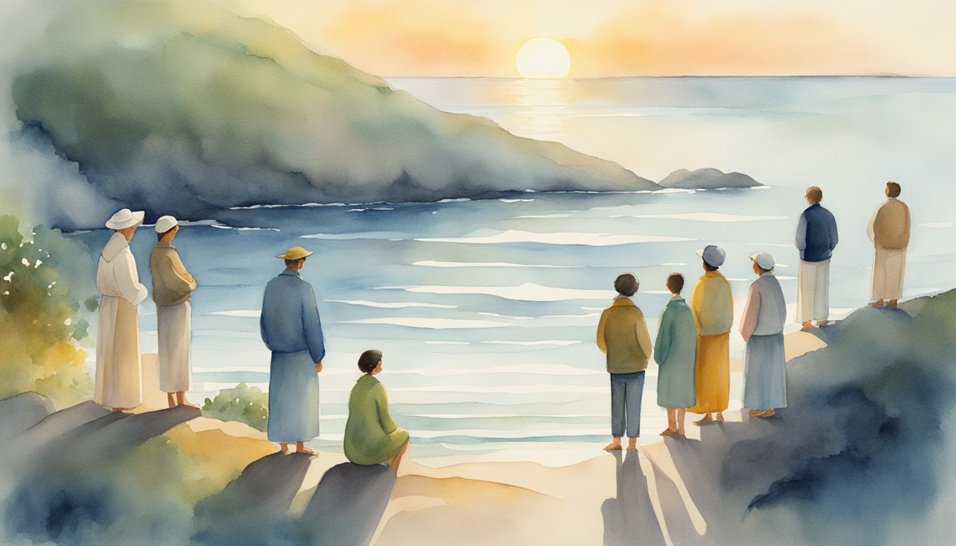 A serene landscape with a glowing sun, a calm sea, and a group of people gathered around a figure speaking with compassion and wisdom