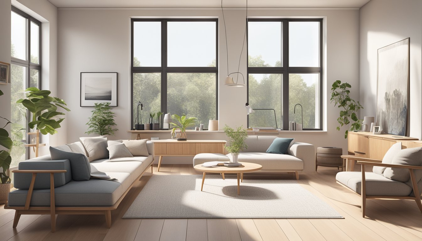 A cozy living room with clean lines, natural materials, and minimalistic furniture. Large windows let in plenty of natural light, showcasing the simplicity and functionality of Scandinavian design
